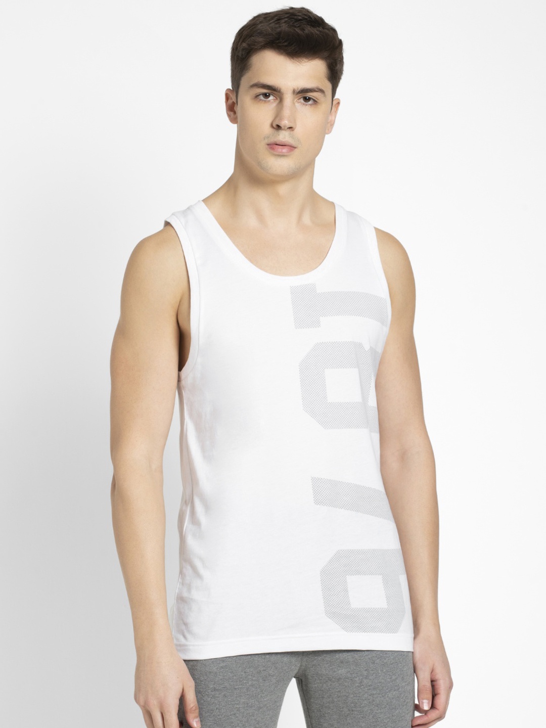 

Jockey Men White & Grey Printed Tank Top 9928-0105-WHTSP