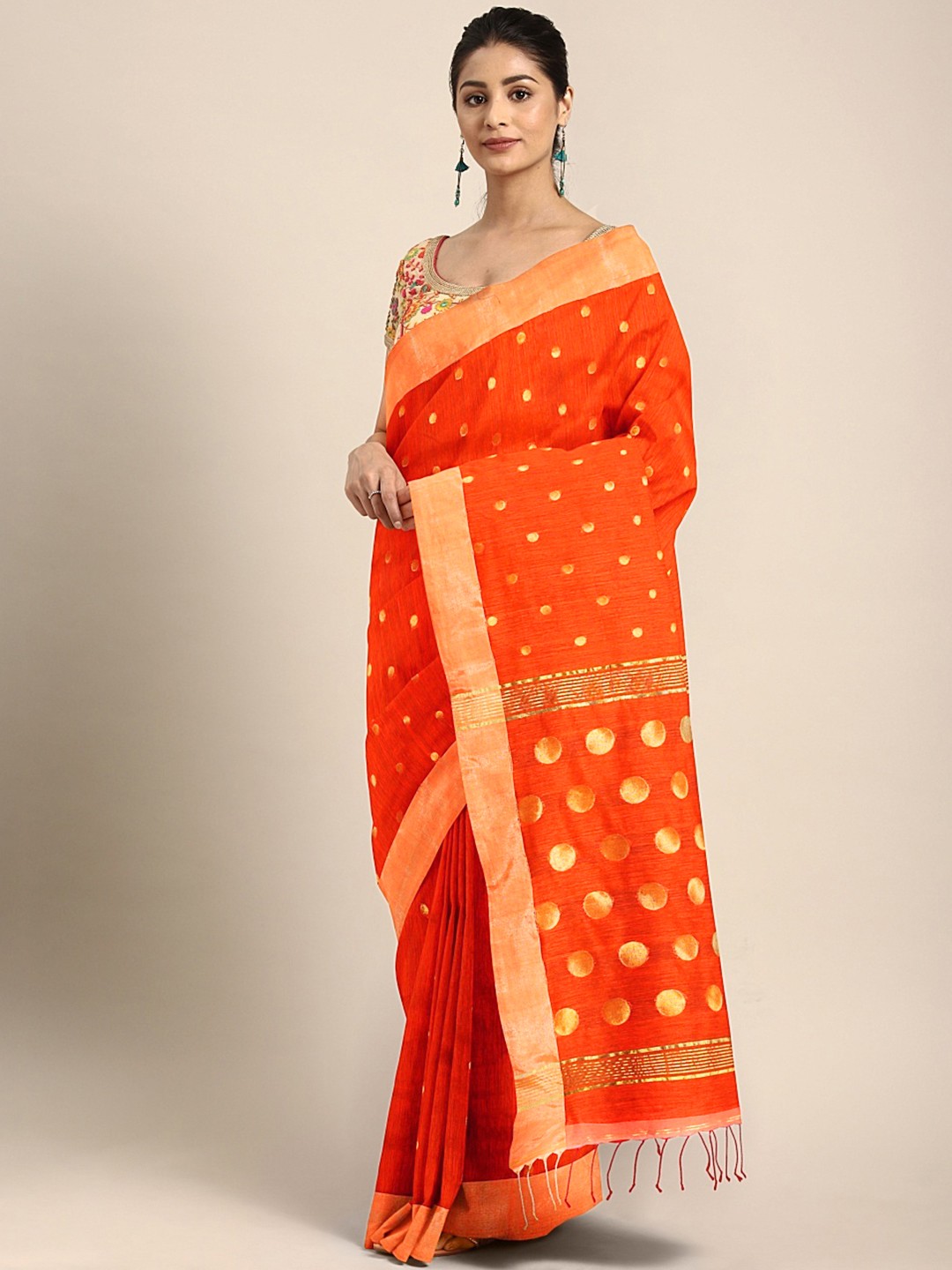 

Mitera Orange & Golden Woven Design Handloom Saree