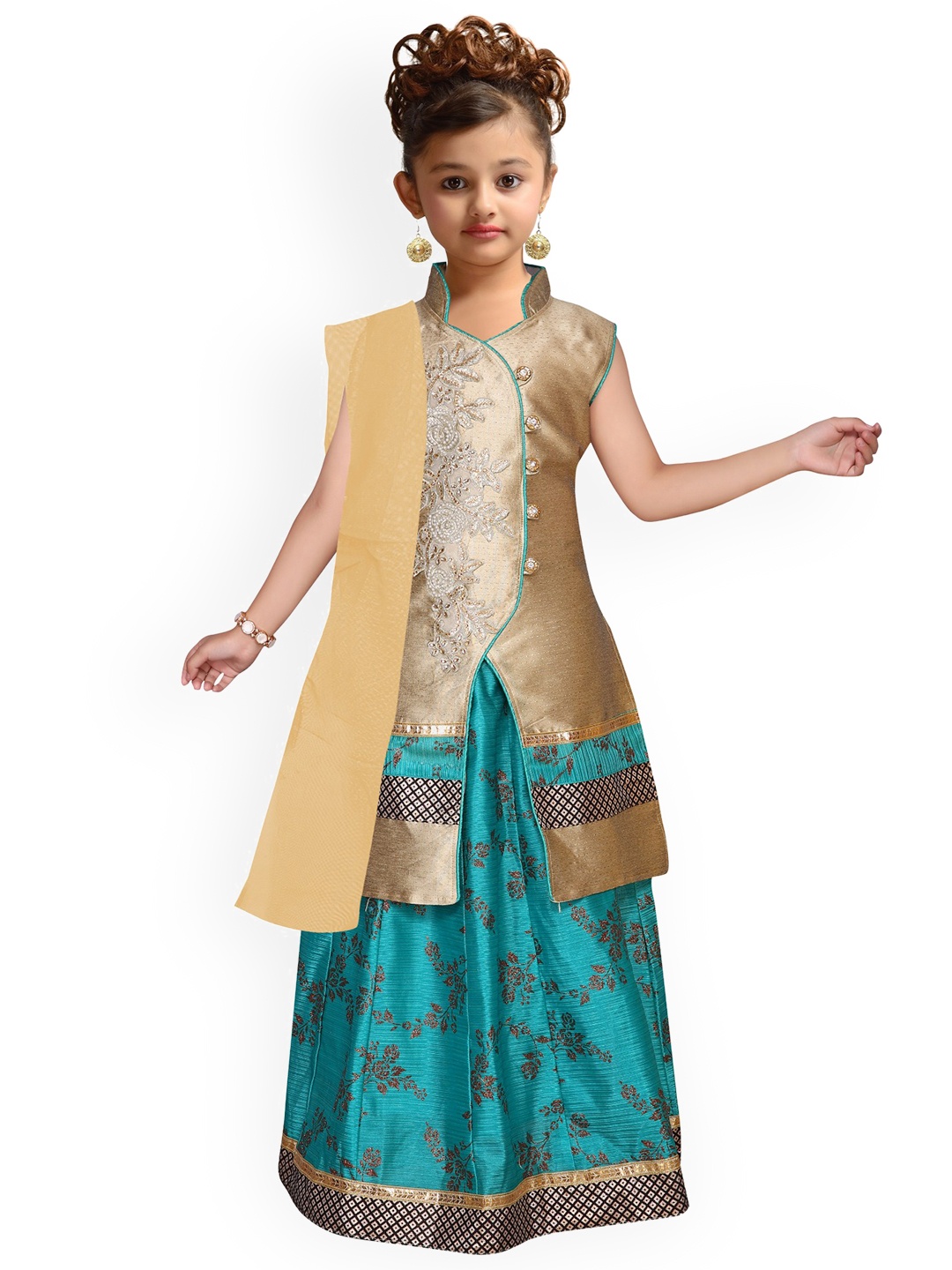 

Kidling Girls Green & Gold-Toned Embroidered Ready to Wear Lehenga & Blouse with Dupatta