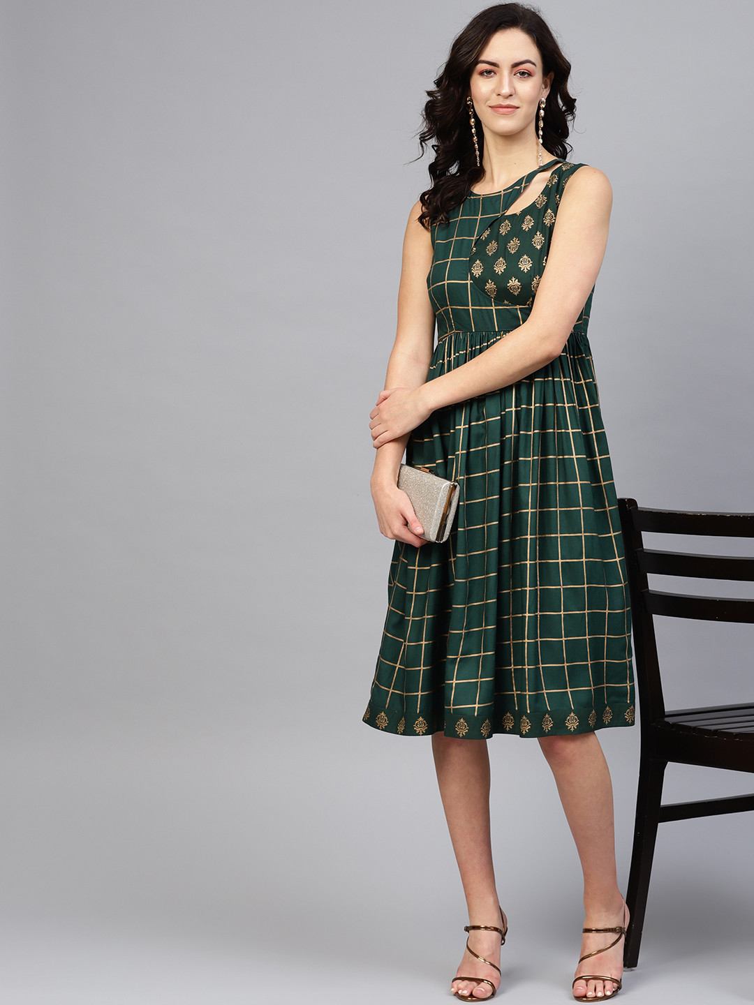 

MABISH by Sonal Jain Women Green & Golden Checked A-Line Dress