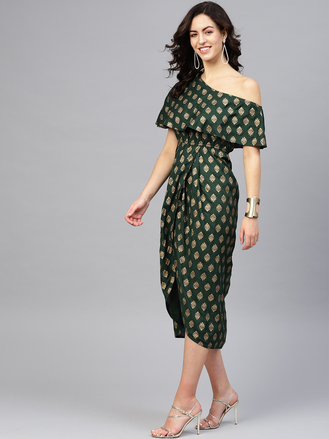 

MABISH by Sonal Jain One Shoulder Printed A-Line Ethnic Dress, Green