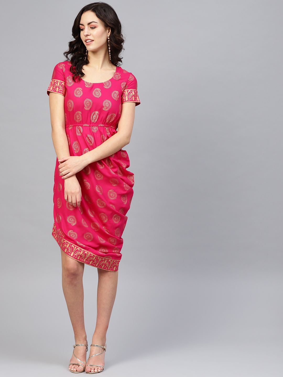 

MABISH by Sonal Jain Women Pink & Golden Gathered Detail Printed Sheath Dress