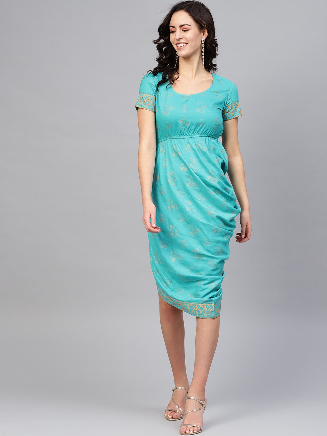 

MABISH by Sonal Jain Women Blue & Golden Gathered Detail Floral Printed Sheath Dress