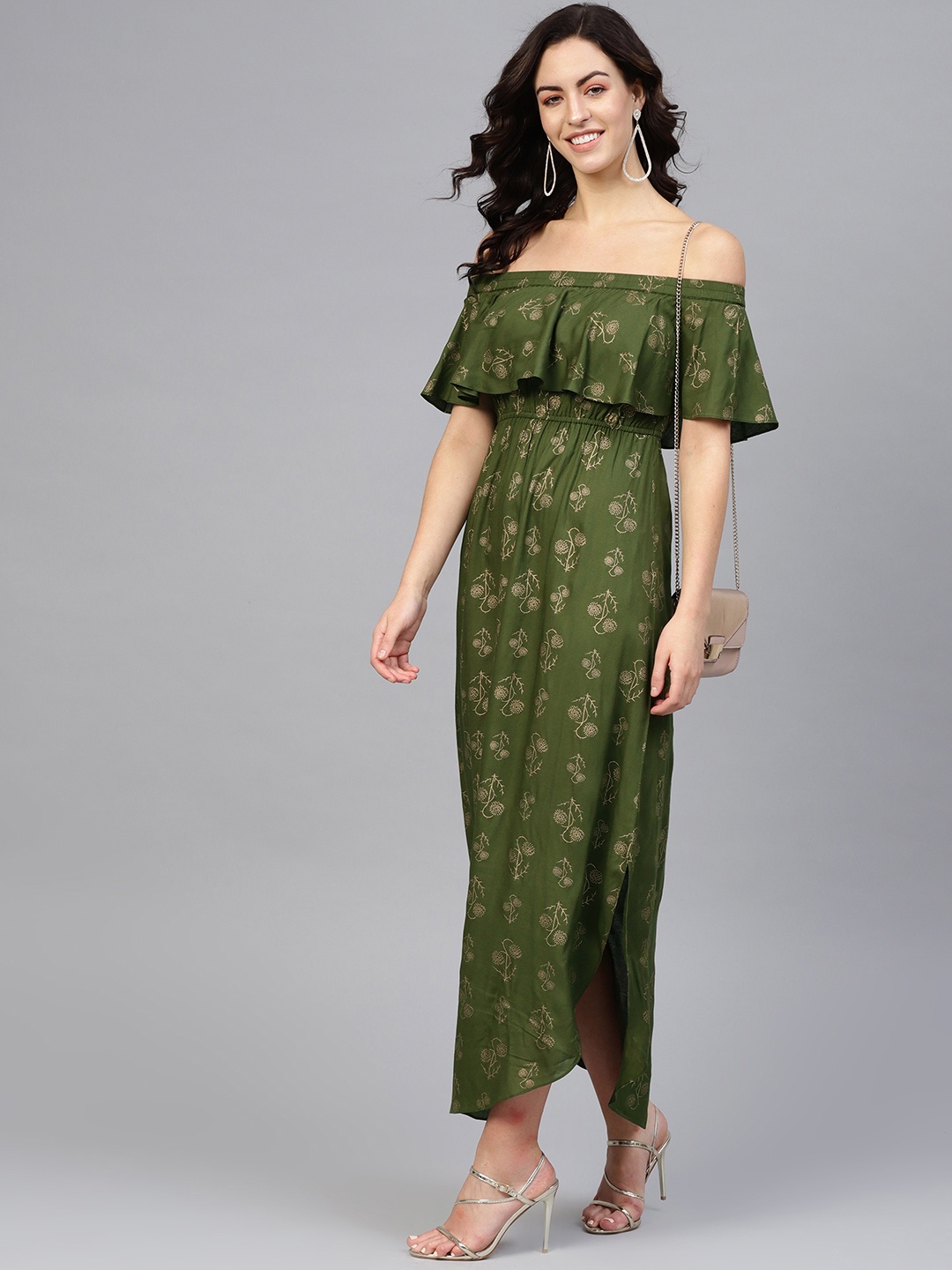 

MABISH by Sonal Jain Women Green & Golden Off Shoulder Floral Printed Maxi Dress