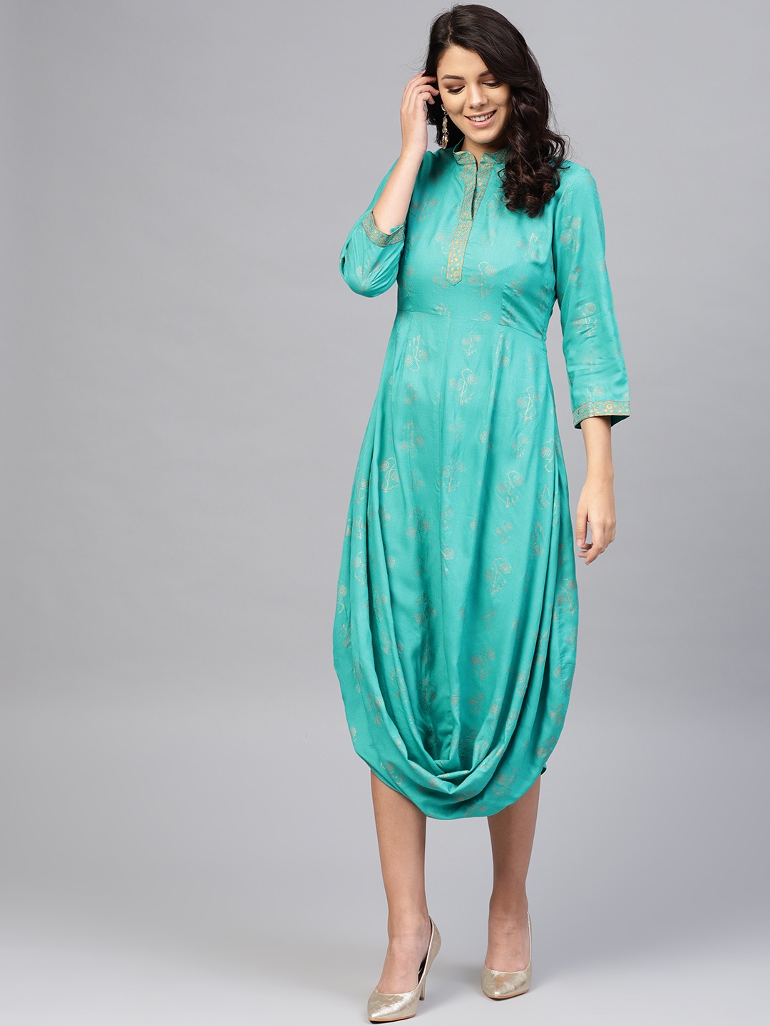 

MABISH by Sonal Jain Women Blue & Golden Cowl Hem Floral Printed A-Line Dress