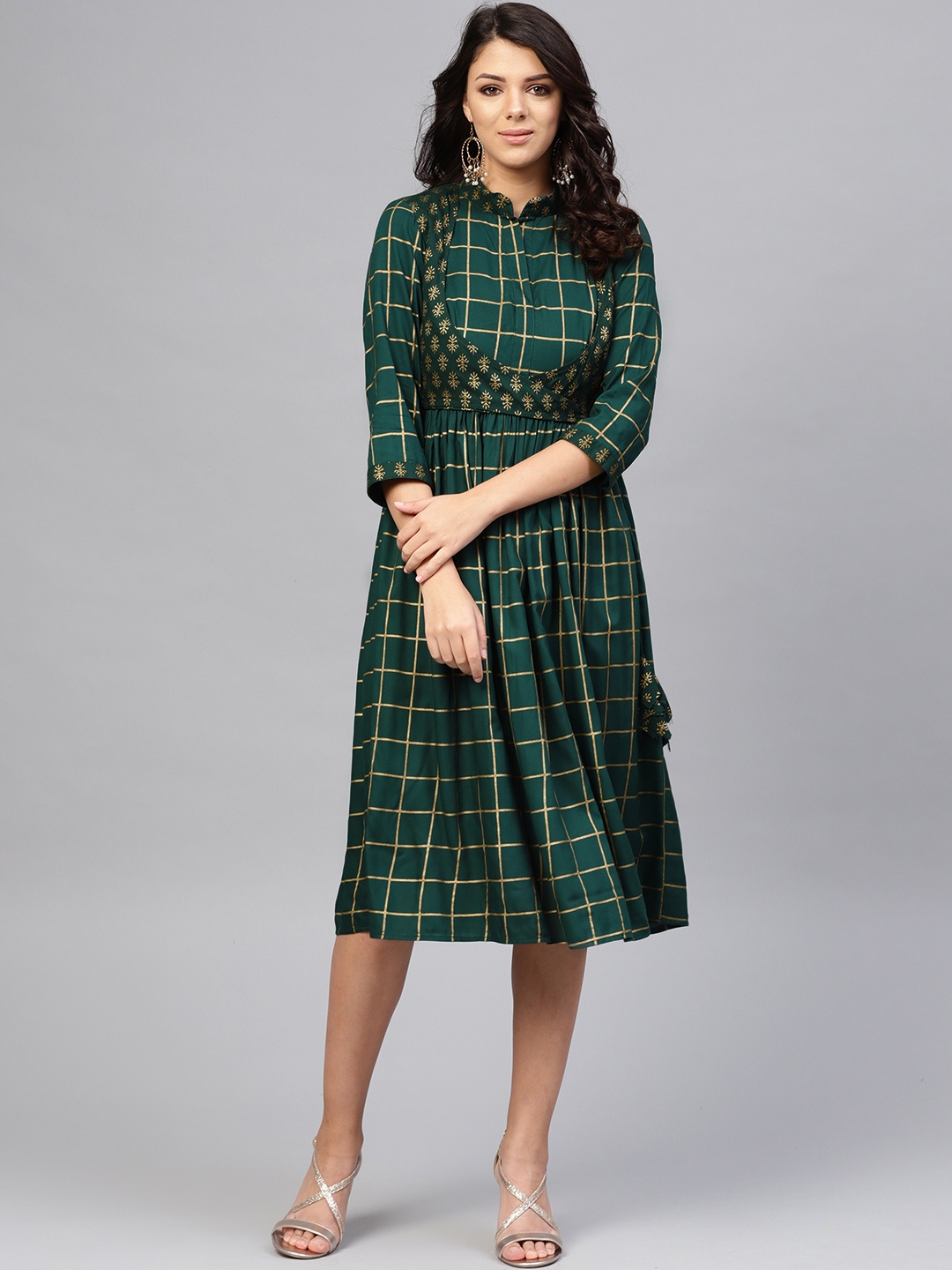 

MABISH by Sonal Jain Women Green & Golden Checked A-Line Dress