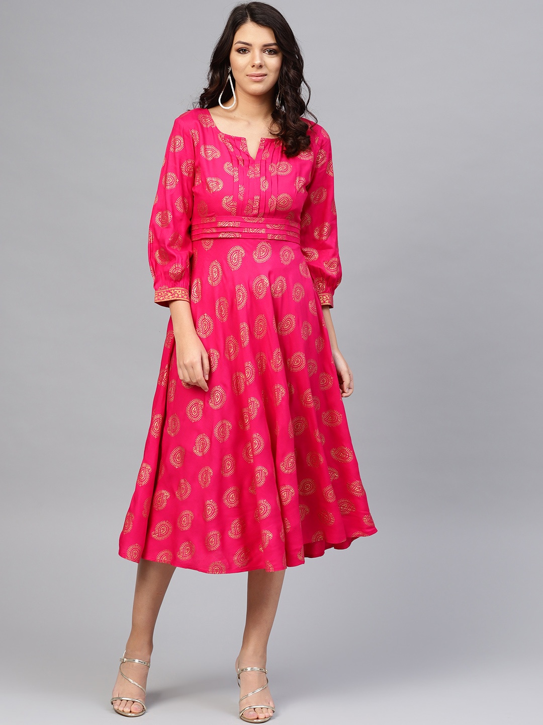 

MABISH by Sonal Jain Women Pink & Golden Printed Empire Dress