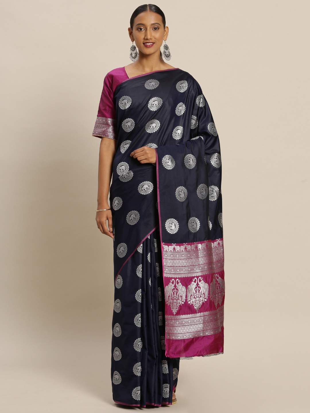 

Mitera Navy Blue & Pink Art Silk Woven Design Banarasi Saree