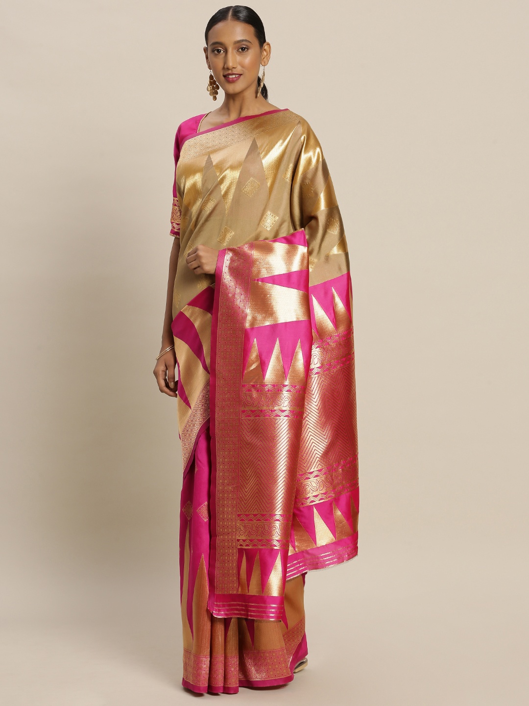 

Mitera Pink & Beige Art Silk Woven Design Banarasi Saree