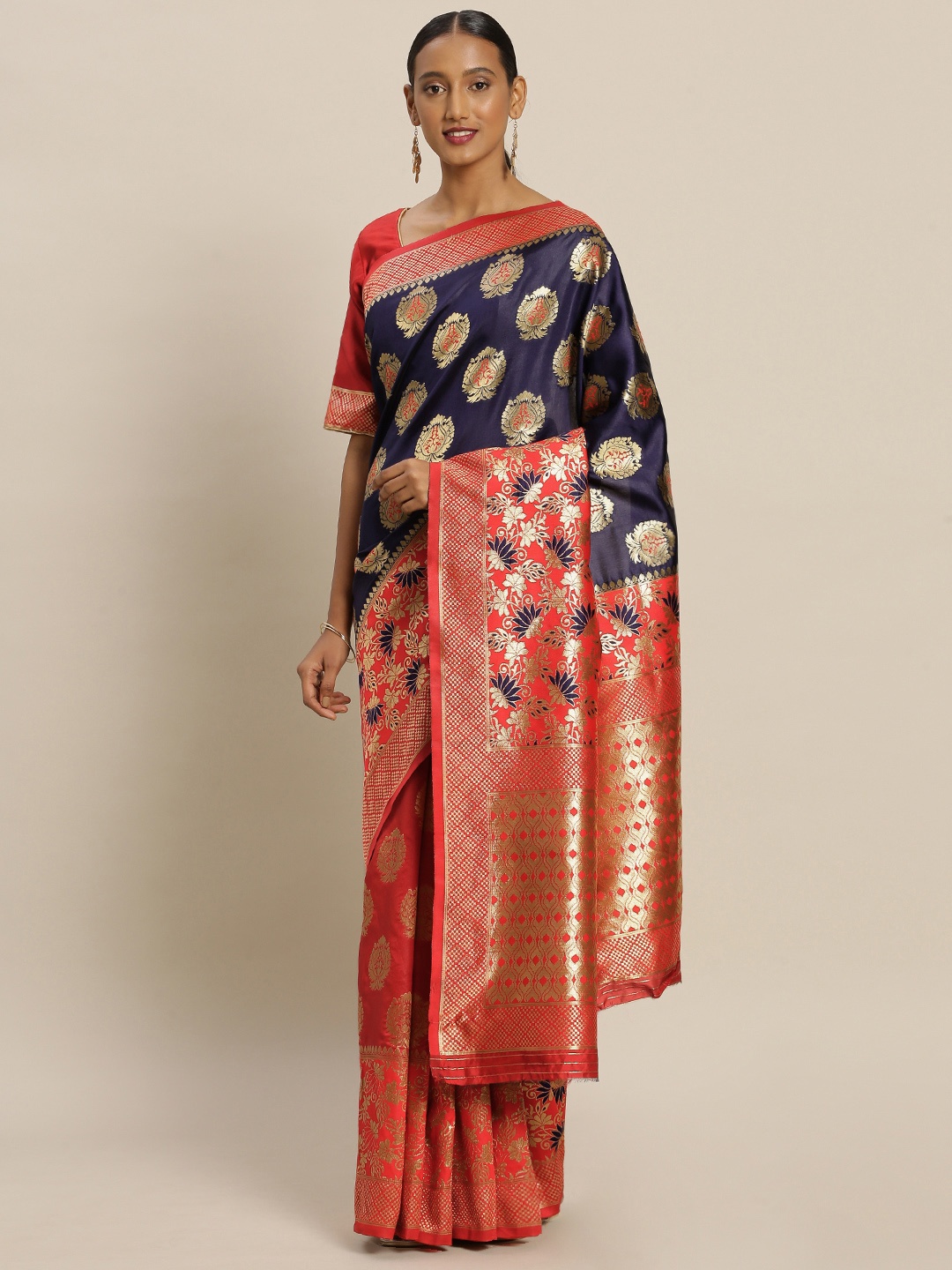 

Mitera Navy Blue & Red Art Silk Woven Design Banarasi Saree