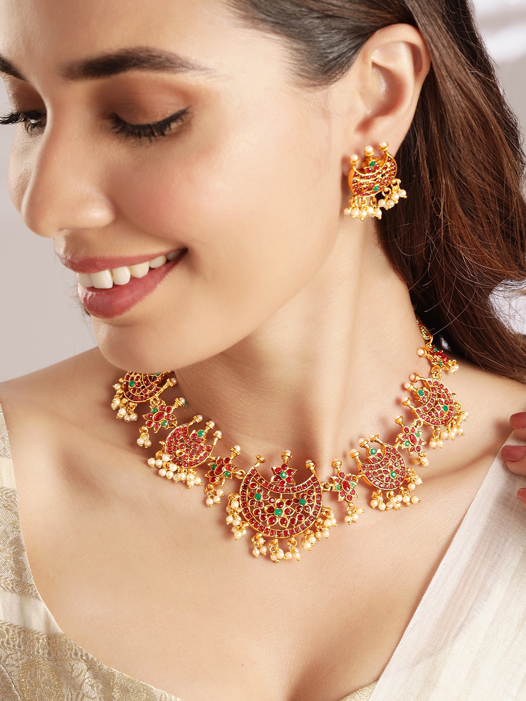 

Rubans Women Gold-Toned & Ruby and Emerald Studded Jewellery Set