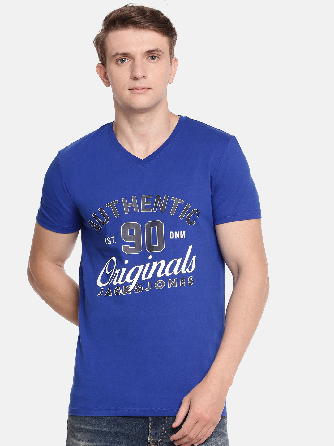 

Jack Jones Men Blue Printed V-Neck Pure Cotton T-shirt