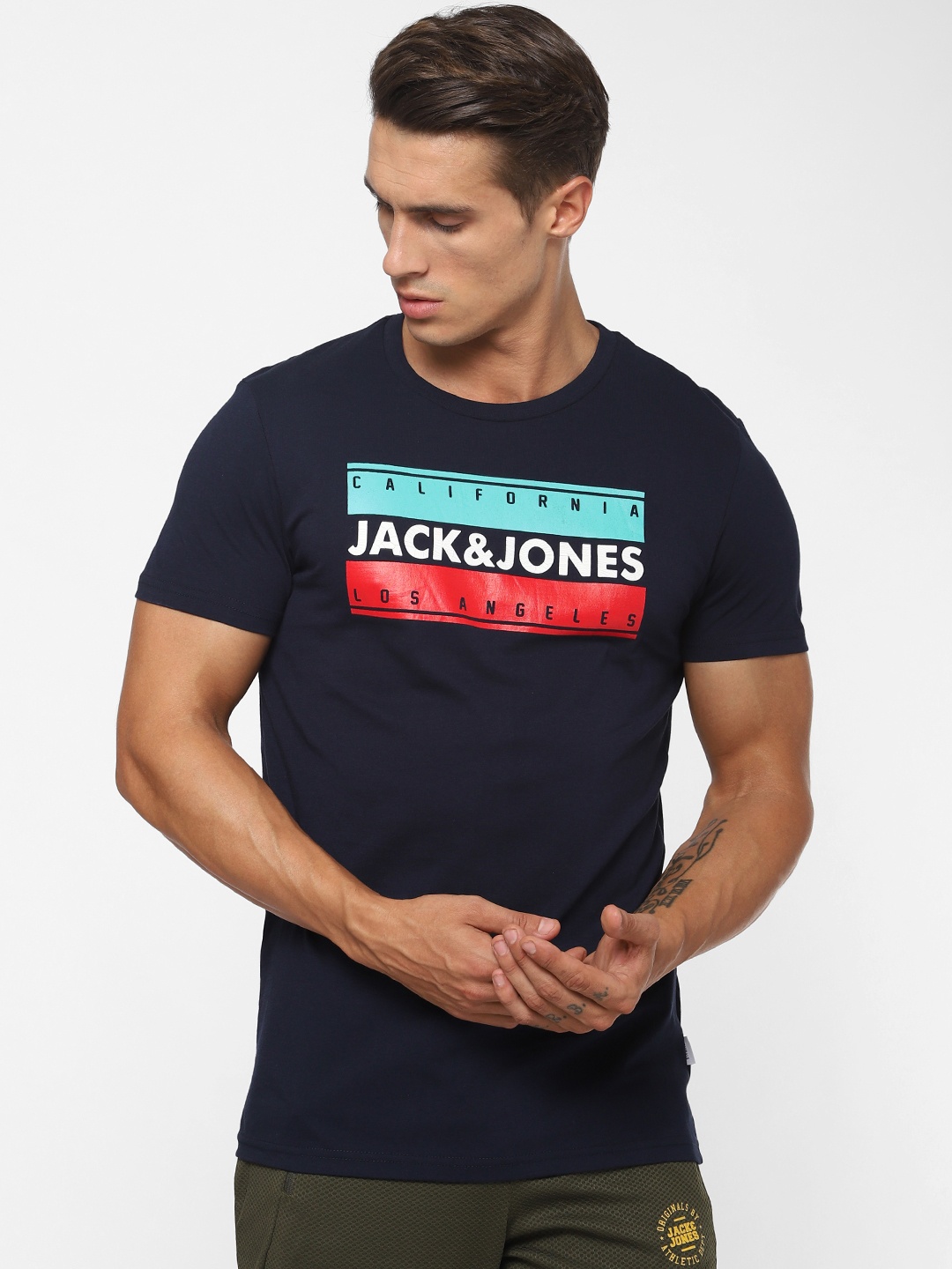 

Jack Jones Men Navy Blue Printed Round Neck Pure Cotton T-shirt