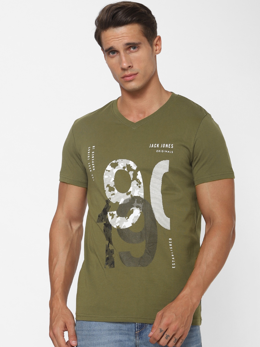 

Jack Jones Men Olive Green Printed Round Neck Pure Cotton T-shirt