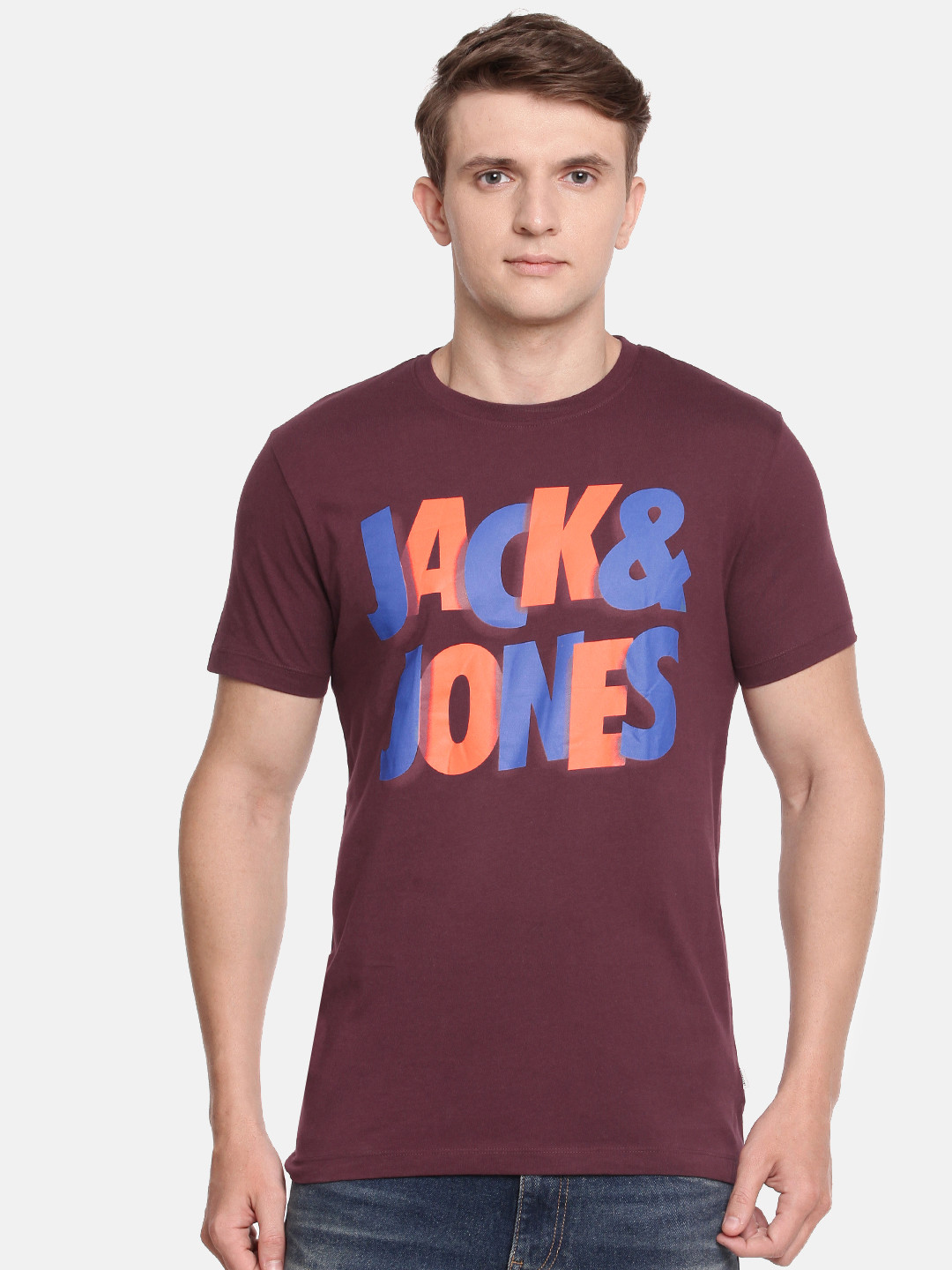 

Jack Jones Men Maroon Printed Round Neck Pure Cotton T-shirt