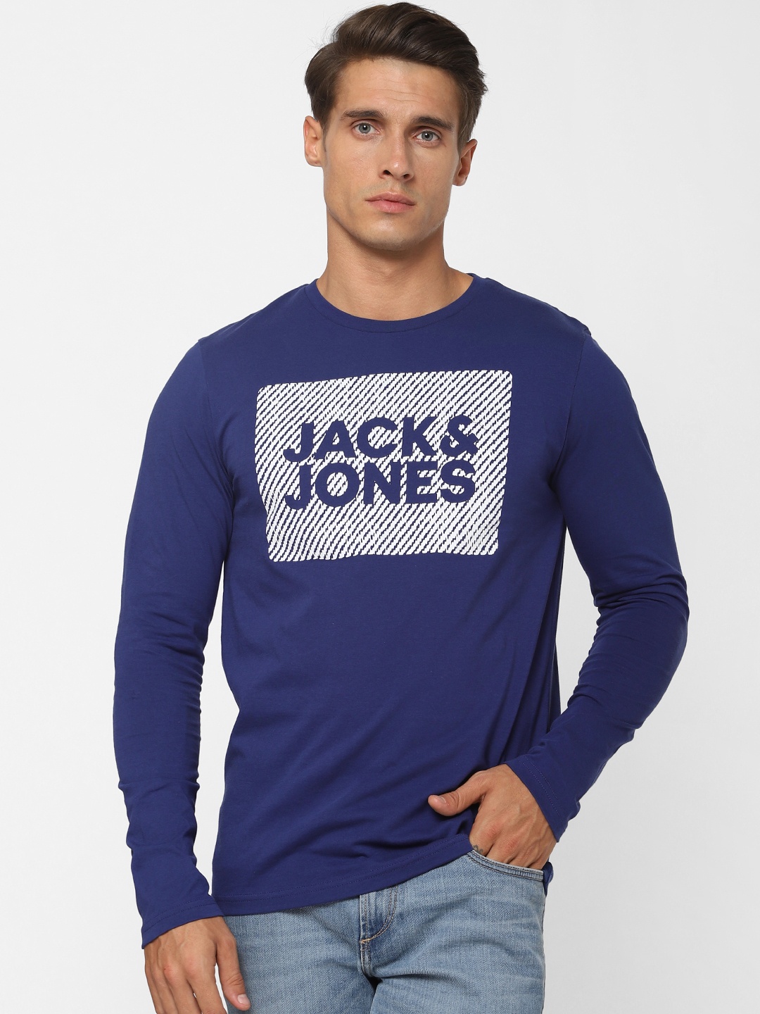 

Jack Jones Men Blue Printed Round Neck Pure Cotton T-shirt