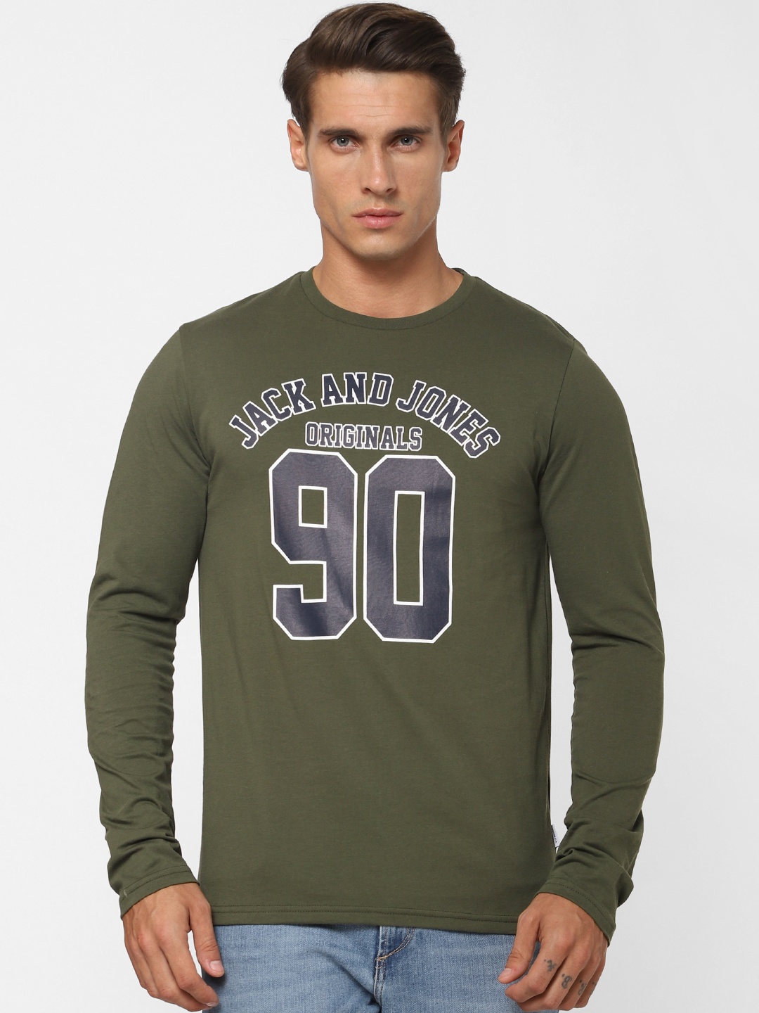 

Jack Jones Men Olive Green Printed Round Neck Pure Cotton T-shirt
