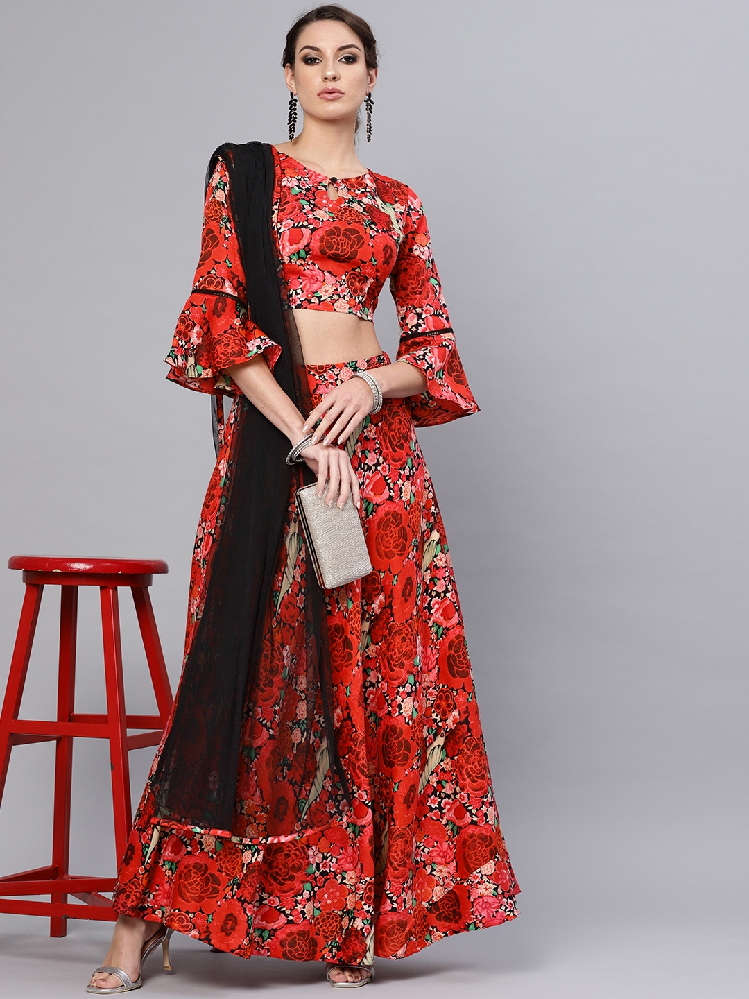 

AKS Red & Black Printed Ready to Wear Lehenga & Blouse with Dupatta