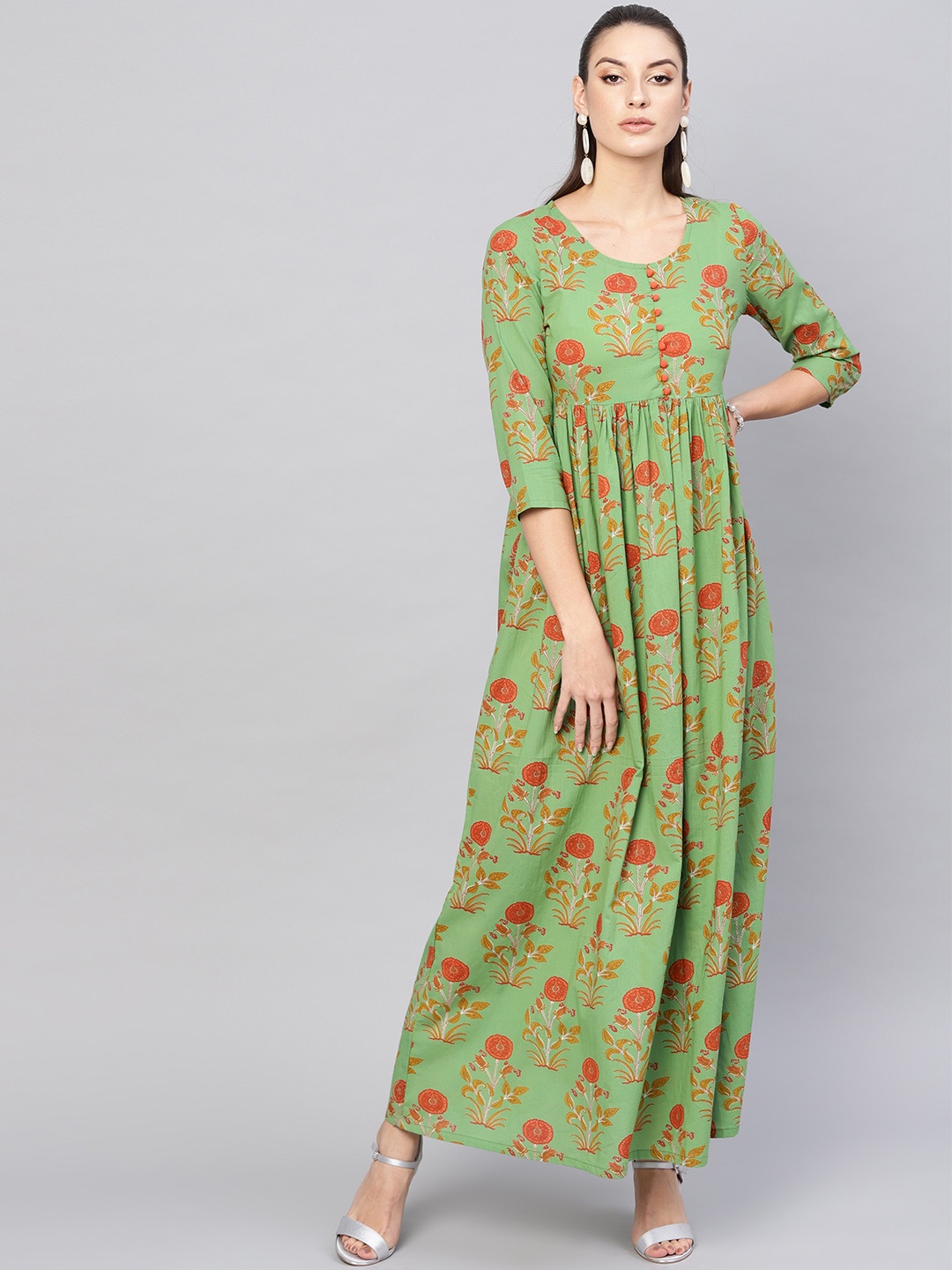 

AKS Women Green & Orange Floral Print Maxi Dress
