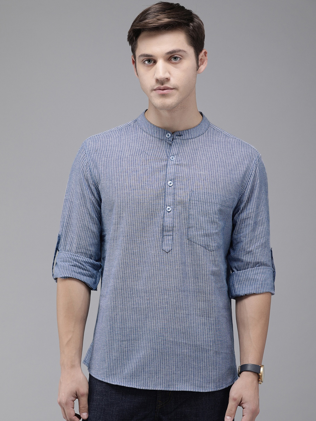 

Anouk Men Blue & White Striped Straight Kurta