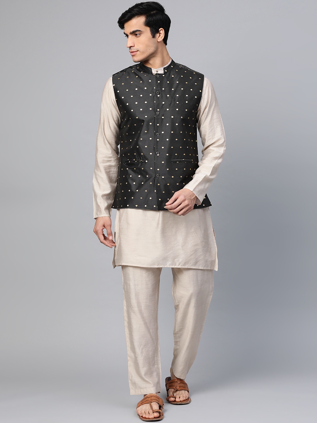 

Anouk Men Beige Solid Kurta with Trousers & Nehru Jacket