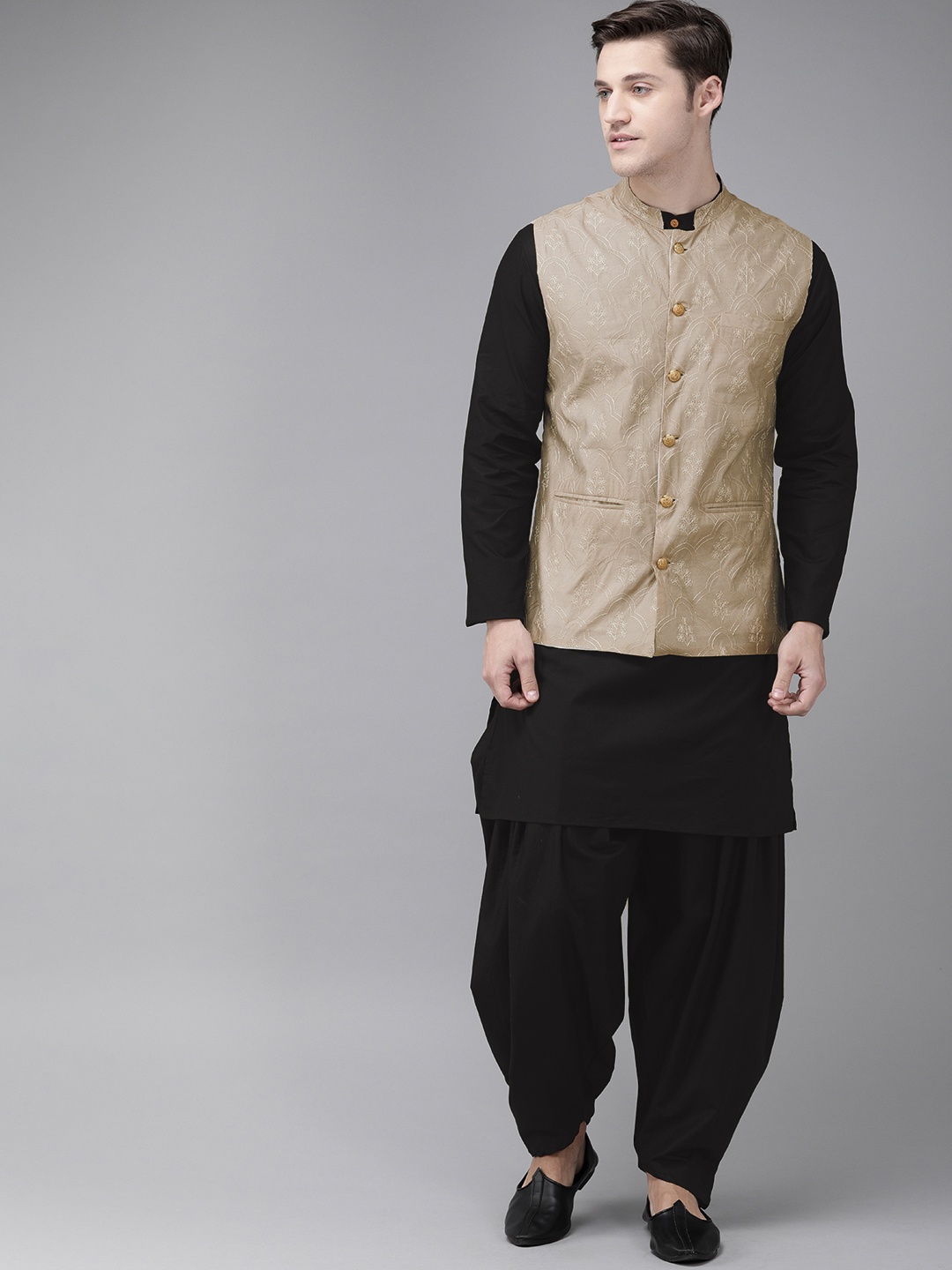 

Anouk Men Black & Beige Solid Kurta Set with Nehru Jacket