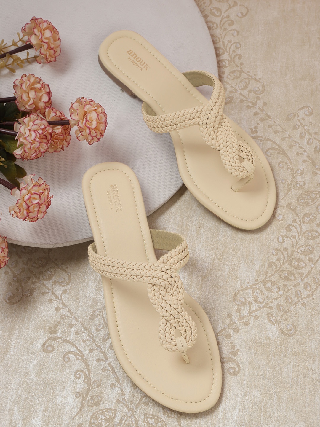 

Anouk Women Nude-Coloured Woven Design Open-Toe Flats
