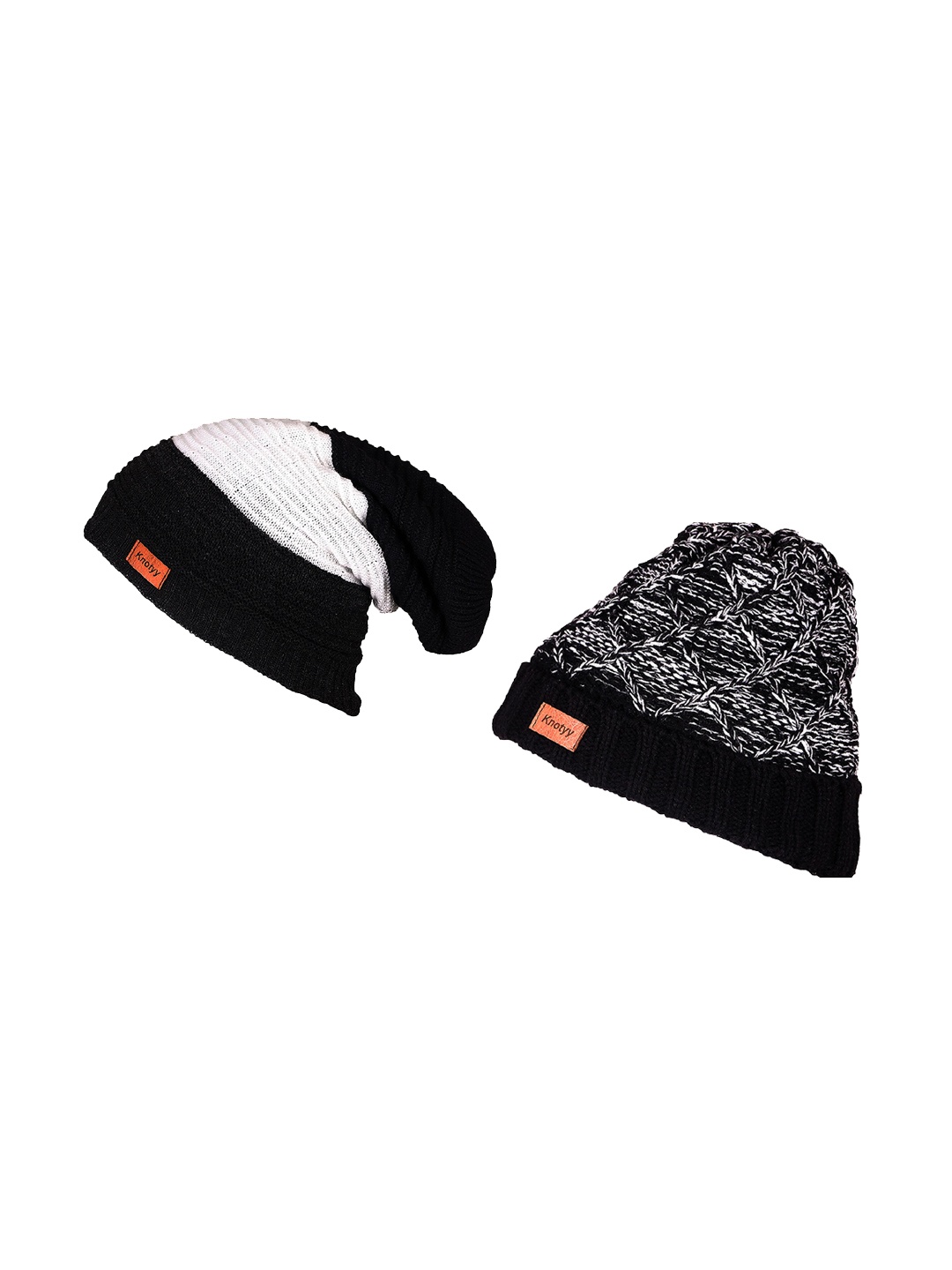 

Knotyy Men Pack Of Two Black & Off-White Solid Beanie