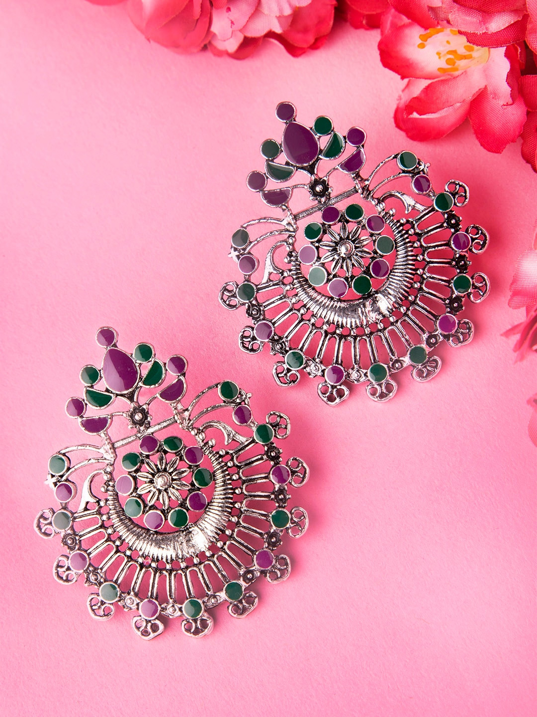 

Rubans Purple & Silver-Plated Oxidised Handpainted Classic Drop Earrings