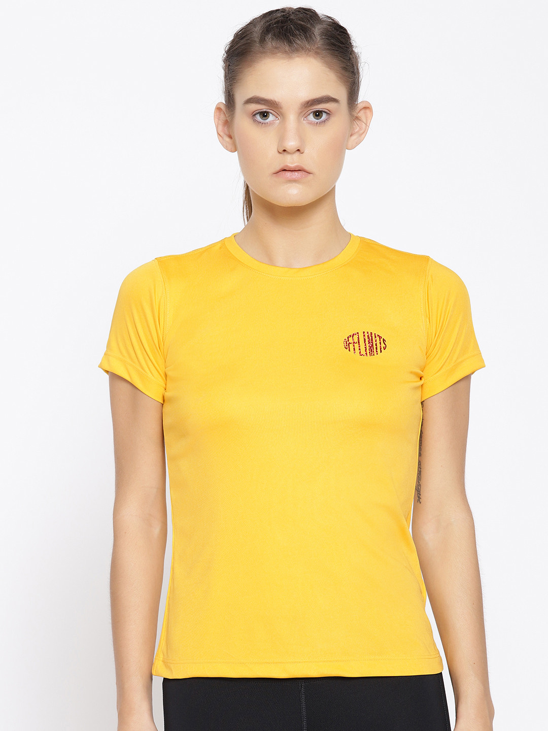 

OFF LIMITS Women Yellow Solid Round Neck T-shirt