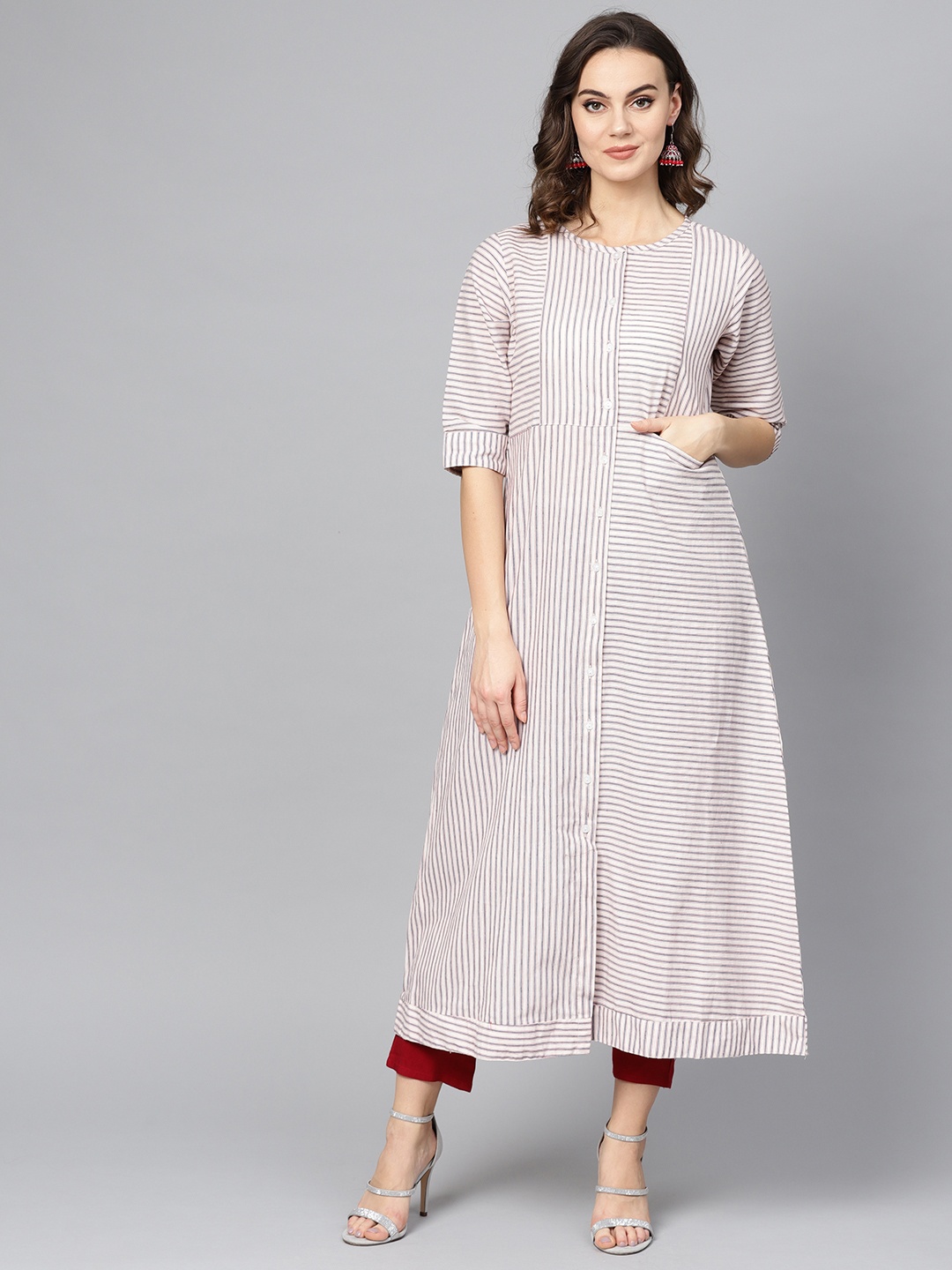 

Ives Women Off-White & Blue Striped A-Line Kurta