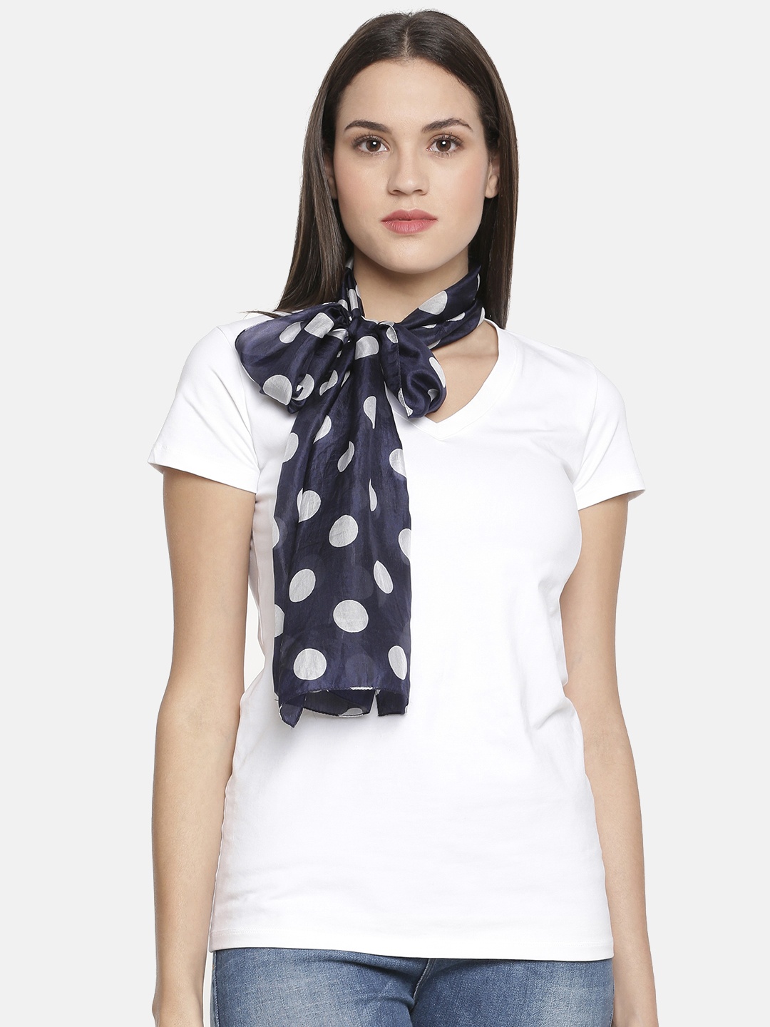 

Ayesha Women Blue Polka Dot Printed Silk Scarf, Navy blue