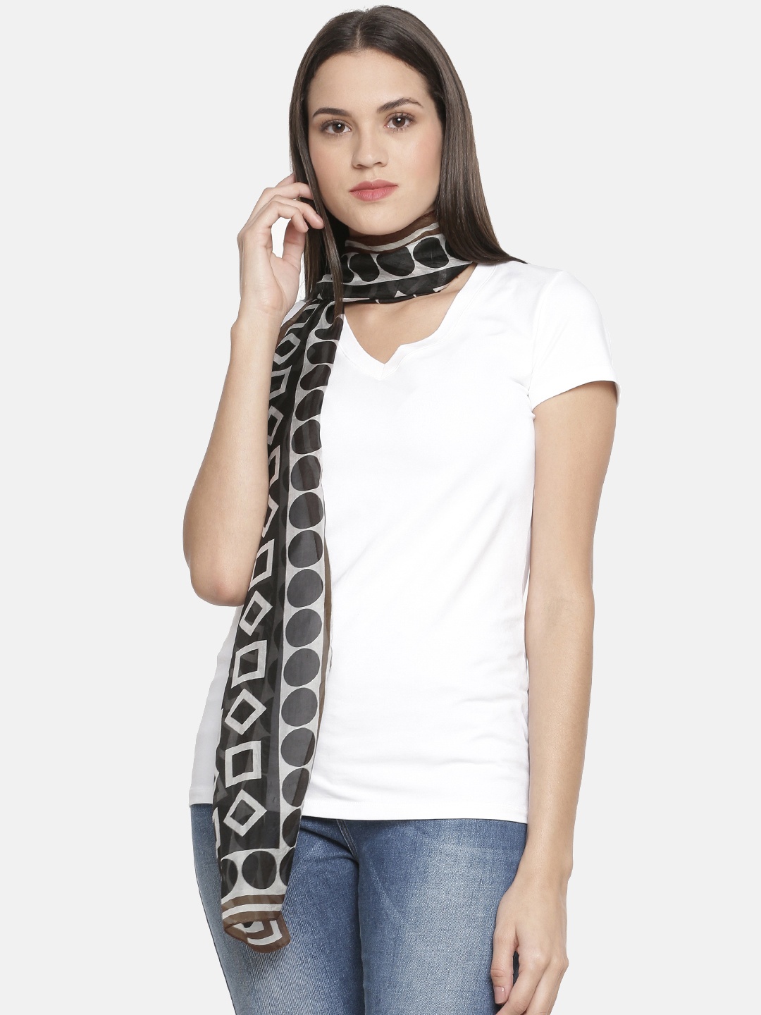 

Ayesha Women Black & White Printed Geometric Printed Silk Scarf