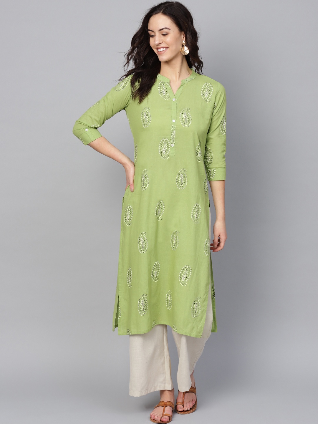 

KSUT Women Green Khari Print Straight Kurta