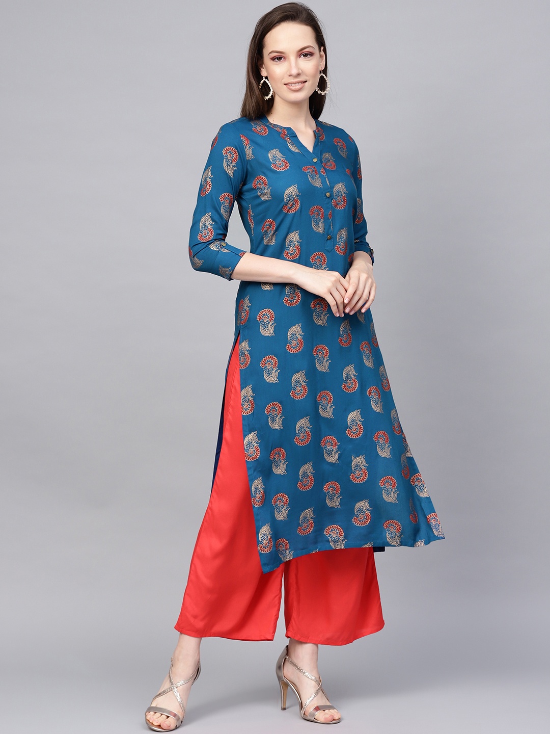 

KSUT Women Teal Blue & Rust Red Foil Print Straight Kurta