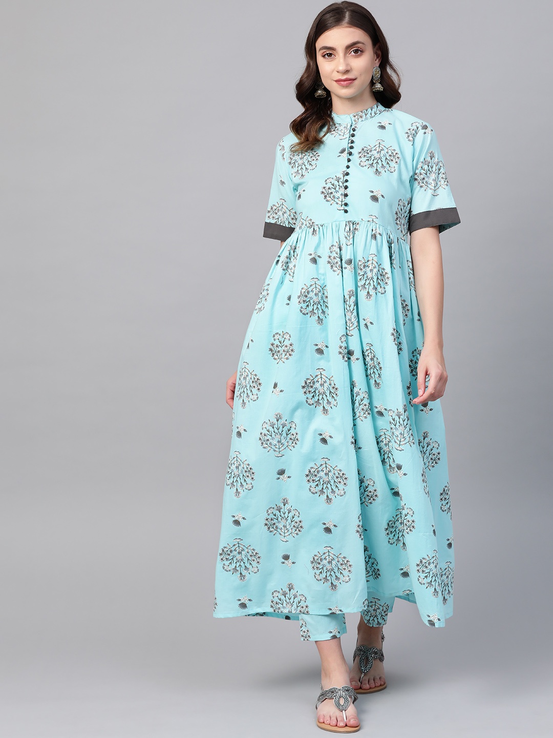 

Ives Women Blue & Grey Printed Kurta with Trousers