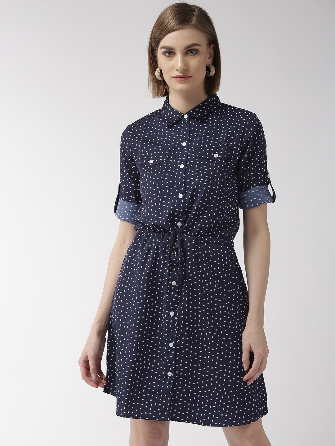 

Style Quotient Women Navy Blue & White Printed Shirt Dress