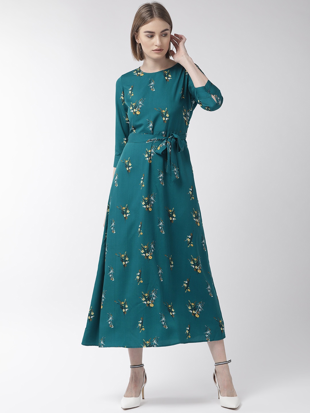 

Style Quotient Women Teal Blue & Yellow Floral Printed A-Line Dress