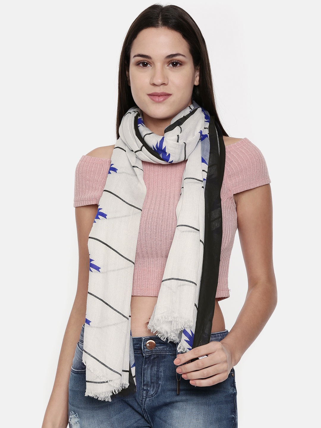 

Ayesha Women White & Blue Motif Printed & Striped Viscose Scarf