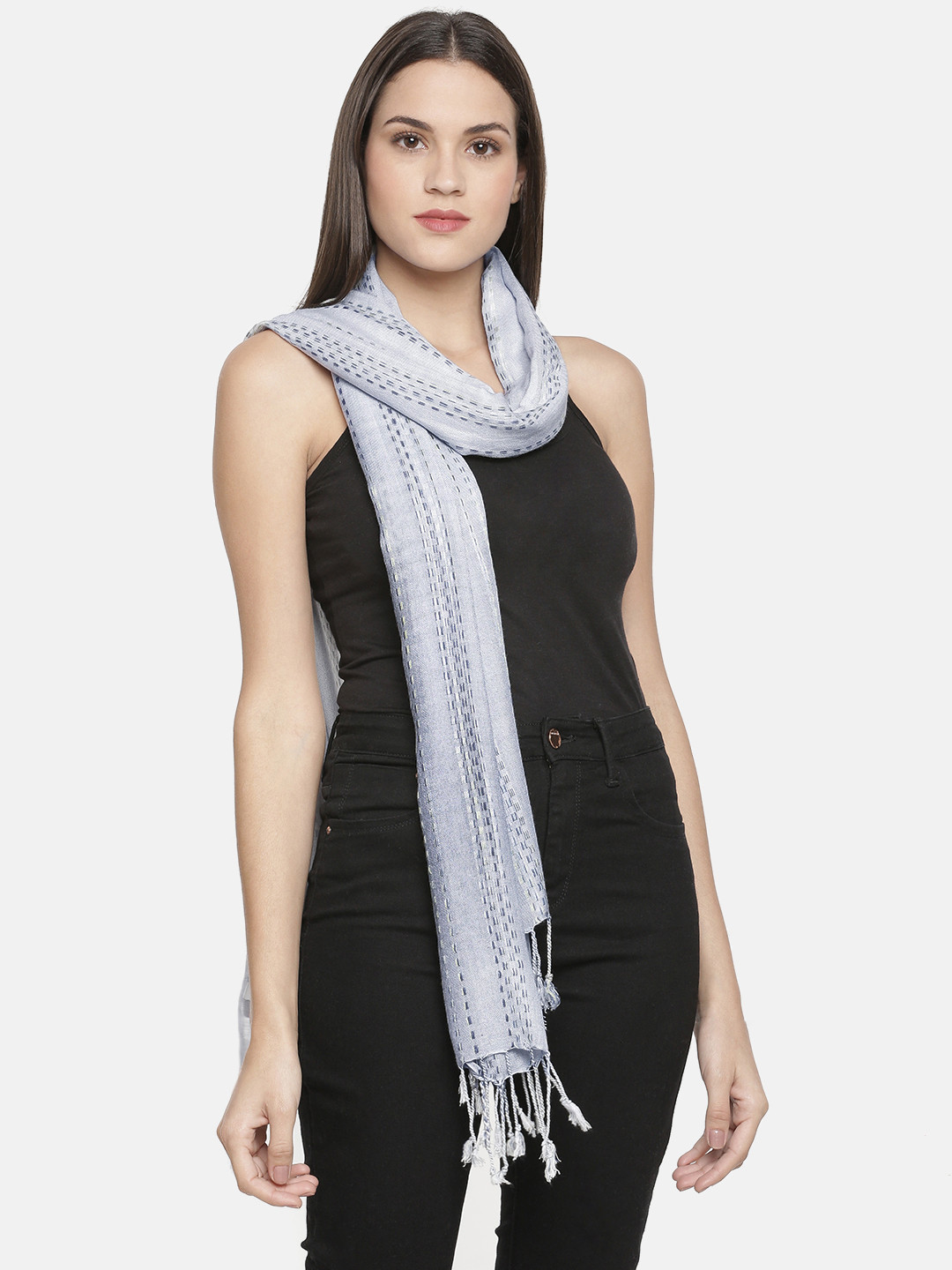 

Ayesha Women Blue Stitch Detail Scarf with Tassel Border