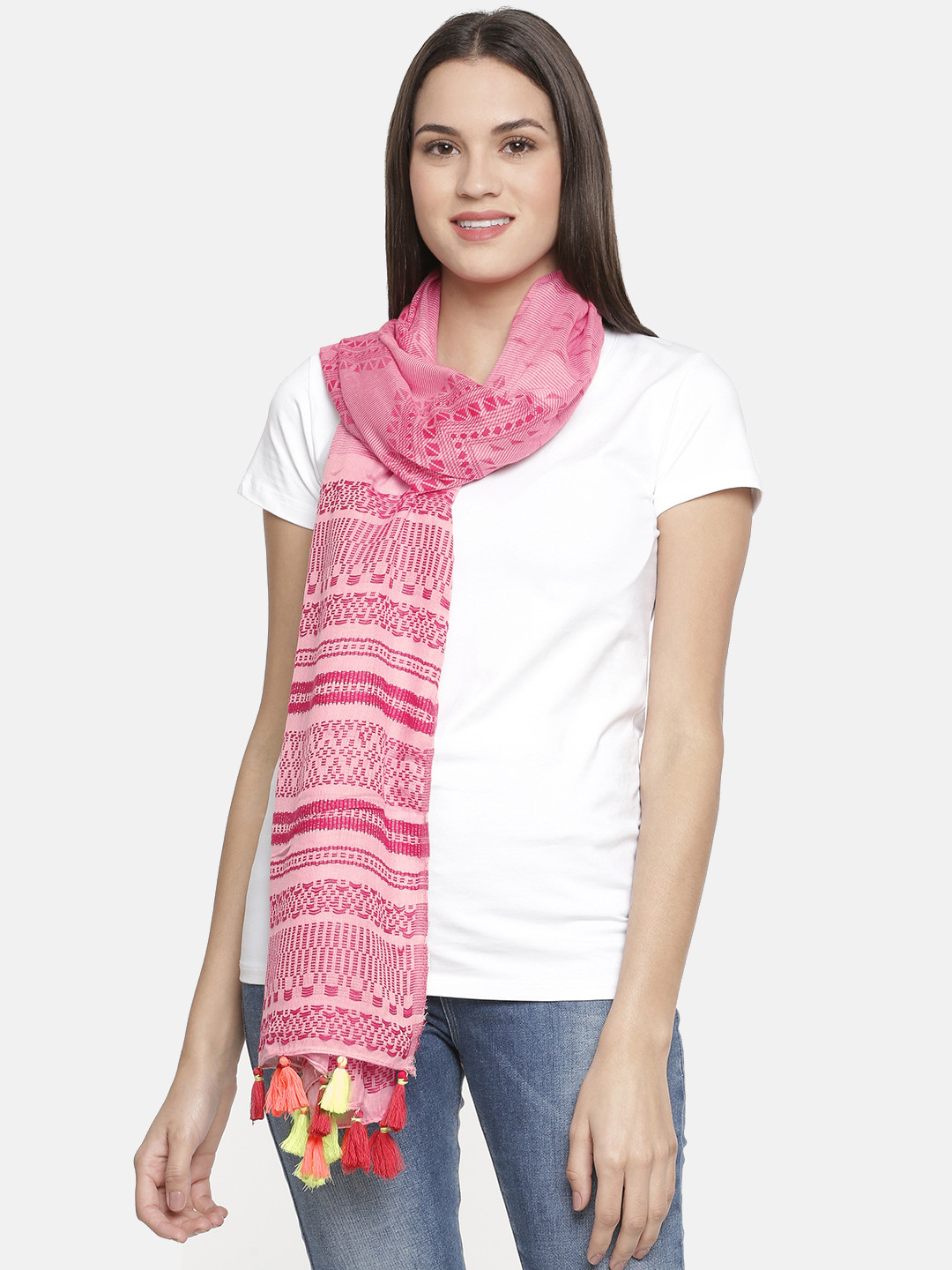 

Ayesha Women Printed Tassel Scarf, Pink