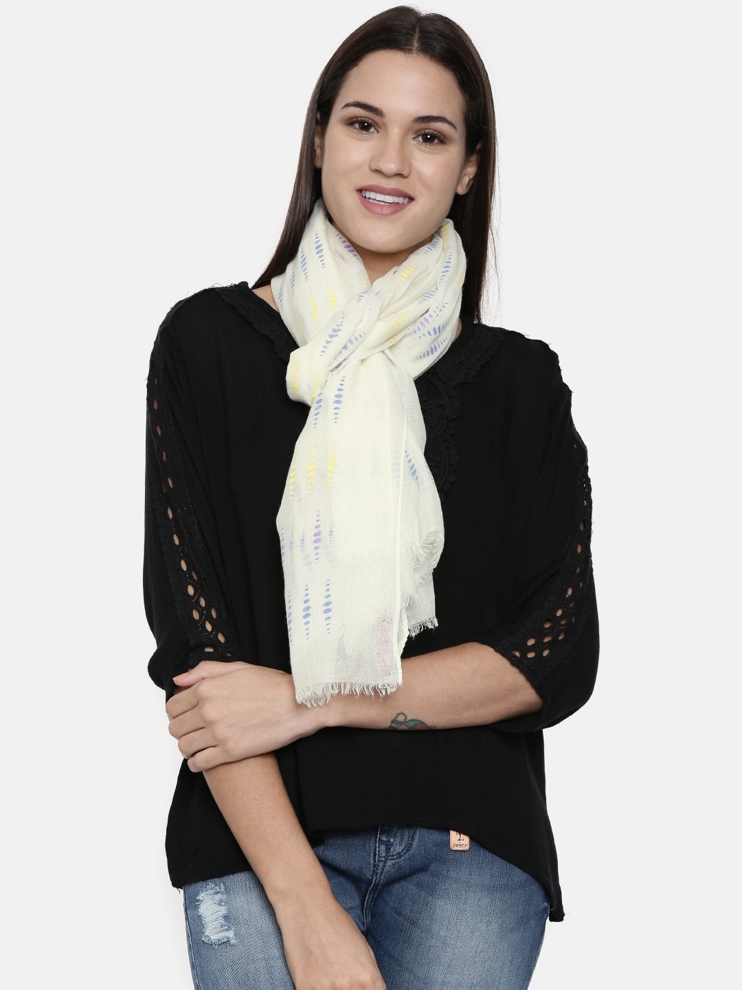 

Ayesha Women White Flock Print Viscose Scarf