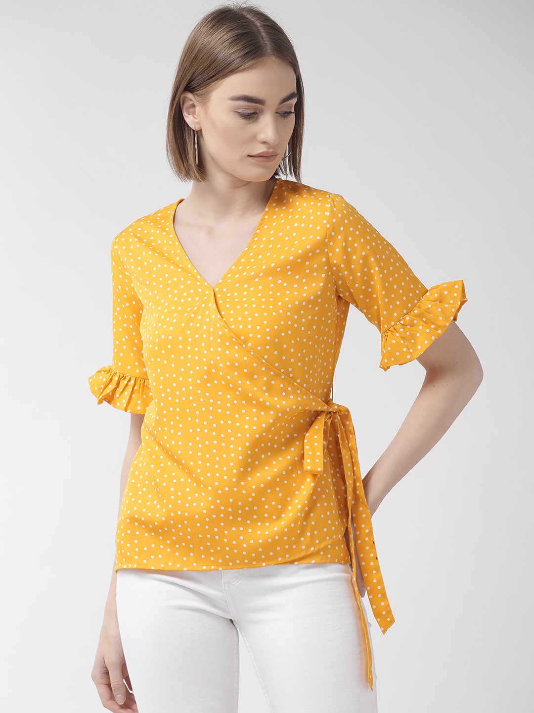 

Style Quotient Women Yellow & White Polka Dot Printed Wrap Top