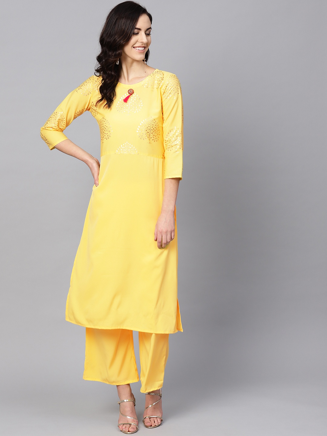 

ZIYAA Women Yellow Yoke Design Kurta with Palazzos