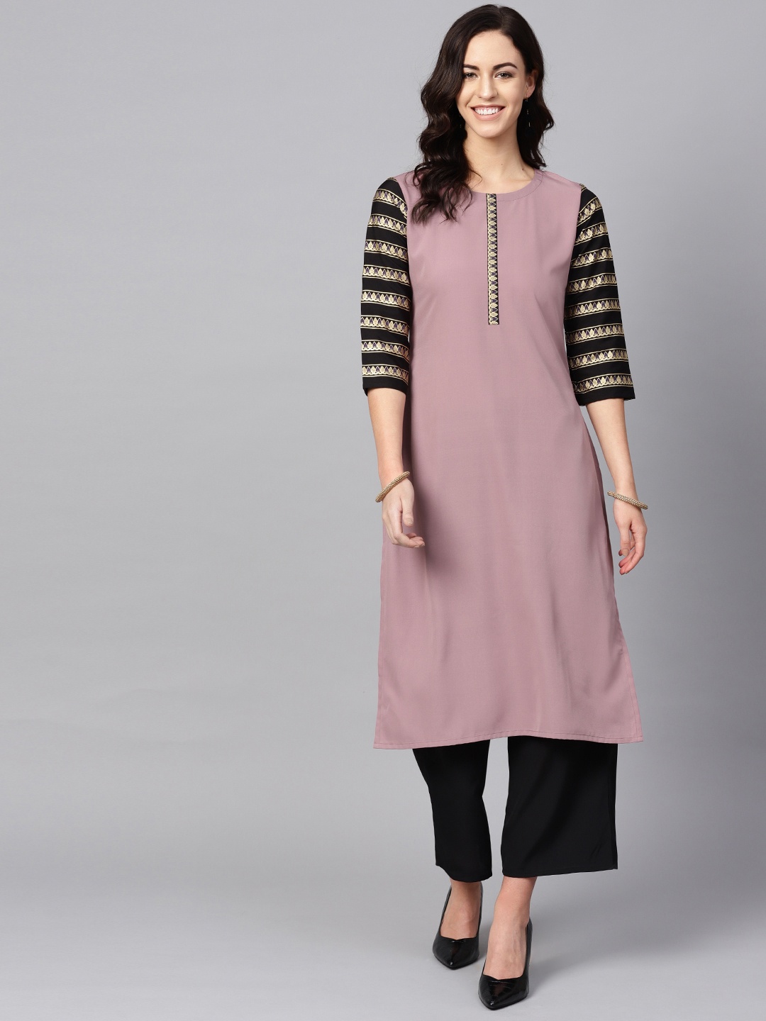 

ZIYAA Women Mauve & Black Solid Kurta with Palazzos