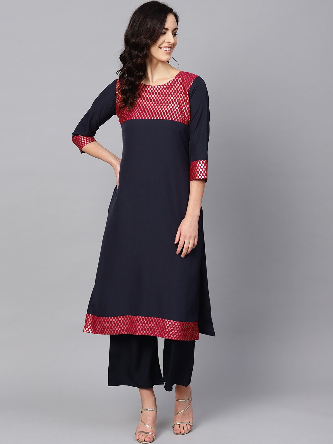 

ZIYAA Women Navy Blue Yoke Design Kurta with Palazzos