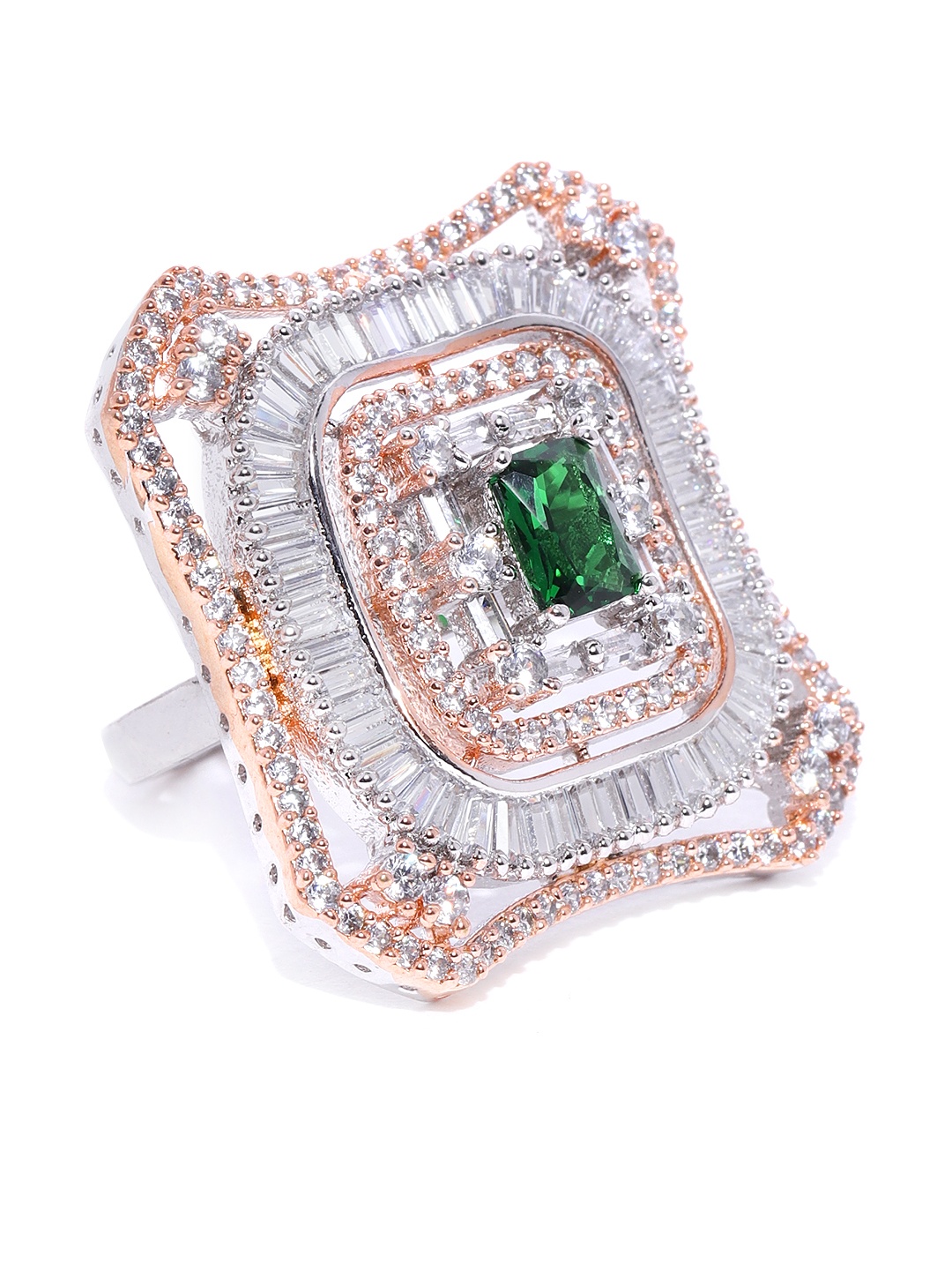 

Melani Borsa Green & Silver-Toned Rose Gold-Plated CZ Studded Adjustable Finger Ring