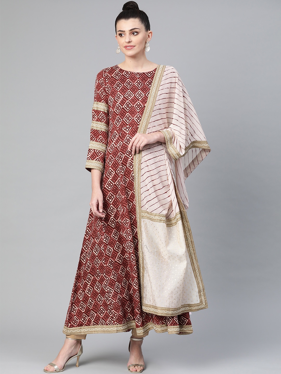

Ahalyaa Women Maroon Off-White Printed Anarkali Dress with Dupatta
