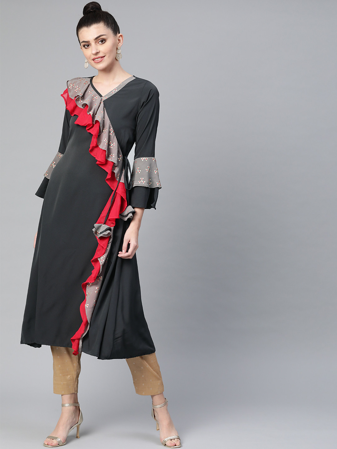 

Ahalyaa Women Charcoal Grey Solid Ruffled Angrakha A-Line Kurta