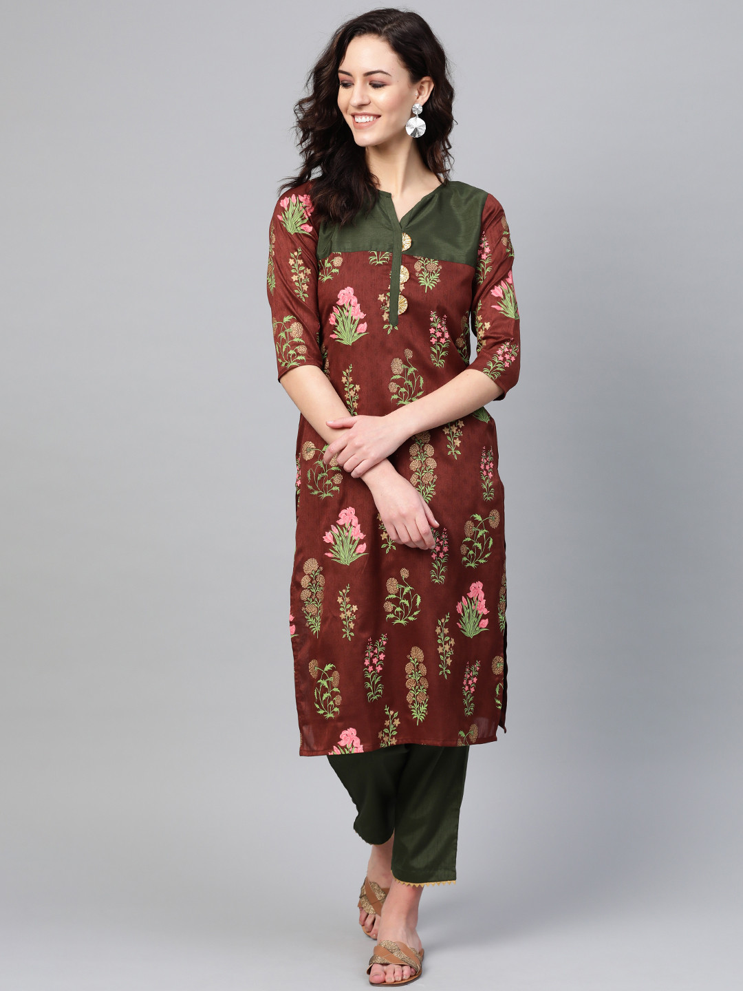 

Ahalyaa Women Brown & Olive Green Printed Kurta with Palazzos